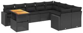 Set divani da giardino 10pz con cuscini in polyrattan nero