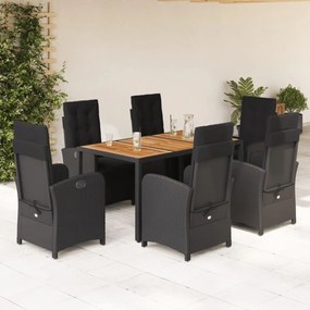 Set da pranzo da giardino 7 pz nero con cuscini in polyrattan