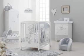 Culla Mr.Bear bianca e grigia con ruote, decori con orsetti