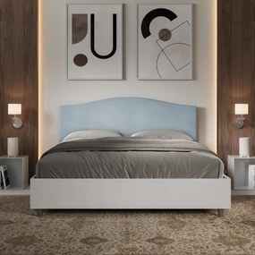 Letto contenitore da 160x190 in legno bianco e testata in microfibra azzurro Grace