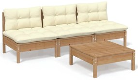 Set divani da giardino 4 pz con cuscini crema in legno di pino