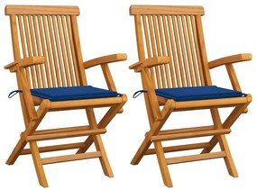 Sedie da giardino con cuscini blu reale 2pz legno massello teak