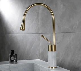 Miscelatore per lavabo EYN BF0954 da piano in ottone con bocca girevole, in più finiture tra cui oro — Oro spazzolato - marmo bianco — 41 cm
