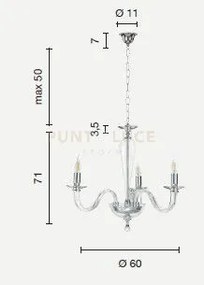 Lampadario ravel 3 luci attacco e14 cristallo e oro d.60cm