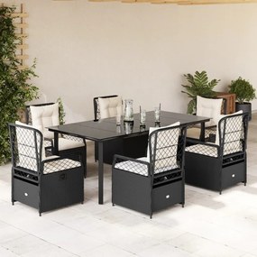 Set da pranzo da giardino 7 pz nero con cuscini in polyrattan