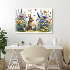 Quadro su tela – Coniglietti su prato fiorito di primavera