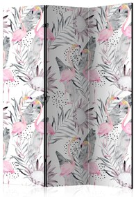 Paravento design Flaminghi e rami (3-parti) - uccelli rosa tra le piante