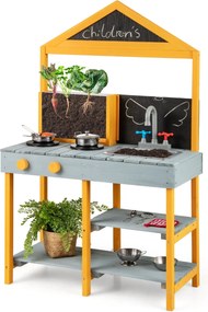 Costway Set cucina da gioco per bambini in legno con 2 lavagnette, Cucina da giardino con rubinetto girevole e accessori per bambini 3 anni