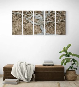 Quadri 5 pezzi – Albero astratto su legno in tonalità beige