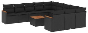 Set divani da giardino 12 pz con cuscini nero in polyrattan