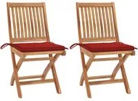 Sedie da Giardino 2 pz con Cuscini Rossi in Massello di Teak 3062439