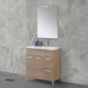 Mobile Bagno A Terra "Greta" Da 80 Cm Composto Da Due Ante e Due Cassetti Lavabo E Specchio Con Lampada Led Finitura Rovere Tropea