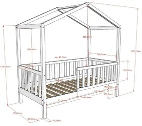 Letto da bambini a forma di casa color antracite in pino massiccio con rete inclusa 70x140 cm DALLAS – Vipack