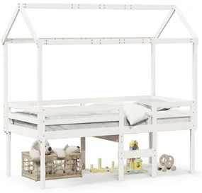 Letto A Soppalco Con Tetto Bianco 90x200 Cm İn Legno Di Pino /