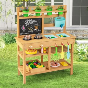 Costway Cucina in legno per bambini con rubinetto lavandini rimovibili lavagna fornelli, Cucina da gioco all'aperto manopole vasi fiori accessori 3+ anni