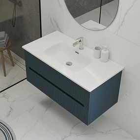 Mobile bagno sospeso 90 cm blu petrolio cannettato con specchio Bali