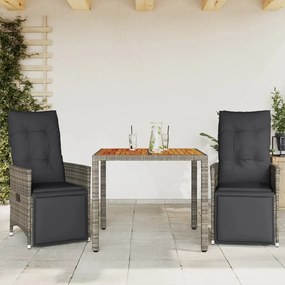 Set bistrò da giardino 3 pz con cuscini in polyrattan grigio