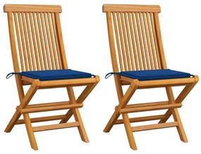 Sedie da giardino con cuscini blu reale 2 pz massello di teak