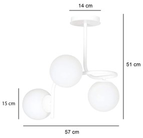 Lampadario 3 Luci Rama In Acciaio Bianco A Bracci E Sfere In Vetro Opalino