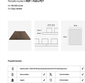 Set 12 Pannelli Decorativi 60x60 cm Motivo a Doghe in MDF e Feltro PET Rivestimento Murale Fonoassorbente Noce Chiaro...