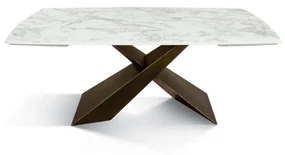 Tavolo FIGARI in vetroceramica bianco arabesco con gambe a X in metallo bronzo, allungabile 160×90 cm – 240×90 cm