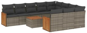 Set divani da giardino 11 pz con cuscini in polyrattan grigio