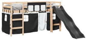 Letto a soppalco bambini con tende bianco e nero 90x190 cm pino