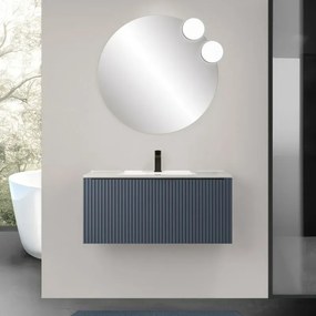 Mobile bagno sospeso 90 cm blu notte cannettato con cassetto, specchio e lavabo Nara