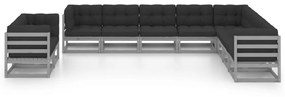 Set divani da giardino 10pz con cuscini grigio massello di pino