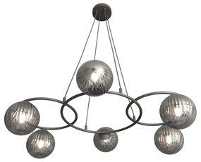 Lampadario 6 Luci Eolo A Cerchi E Diffusori In Vetro Rigato Fumè