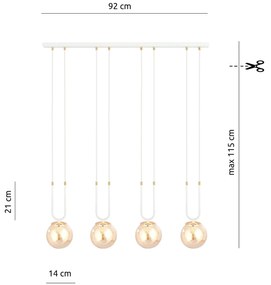Sospensione Contemporanea 4 Luci Crio Acciaio Bianco Oro E Sfera Vetro Ambra