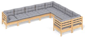 Set divani da giardino 9 pz con cuscini grigi massello di pino