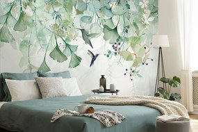 Carta da parati – Foglie Verdi con Colibrì