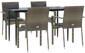 Set da pranzo giardino 5pz nero e grigio con cuscini polyrattan