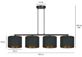 Lampadario 4 Luci Ganesha In Acciaio Nero E Paralumi In Tessuto Nero