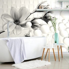 Carta da parati autoadesiva – Magnolia in bianco e nero con elementi astratti