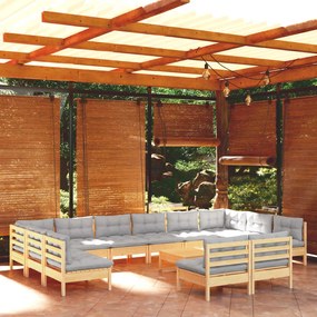 Set divani da giardino 13 pz con cuscini grigi massello di pino