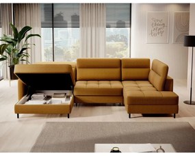 Divano angolare giallo allungabile/con contenitore (con penisola a destra/a U) e rivestimento in velluto Berrto – ELTAP