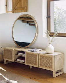 Kave Home - Mobile TV Rexit 3 ante in legno massello e impiallacciatura mindi con rattan 180 x 50 cm