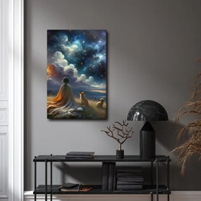 Quadro su tela – Figura con volpe e cane sotto le stelle