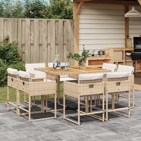 Set da pranzo da giardino 9 pz con cuscini beige in polyrattan