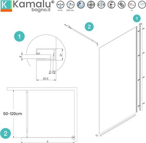 Parete doccia walk in 50 cm con profilo nero opaco | KW-100B - KAMALU
