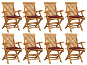 Sedie giardino con cuscini rosso vino 8 pz legno massello teak