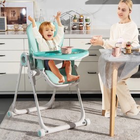 Costway Seggiolone pieghevole per bambini, Seggiolone regolabile in 6 altezze con schienale poggiapiedi 4 ruote Verde