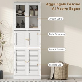 Mobile Bagno 60x30x170 cm con 3 Armadietti a 2 Ante in Vetro e Legno  Bianco...