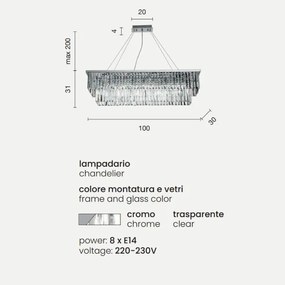 Lampadario sospensione DAIQUIRI a 8 Luci in metallo 100 cm con decorazioni in cristallo