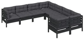 Set divani da giardino 8 pz con cuscini neri massello di pino