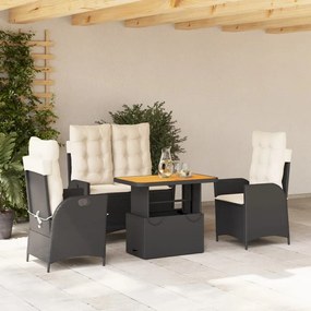 Set da pranzo da giardino 4 pz con cuscini nero in polyrattan