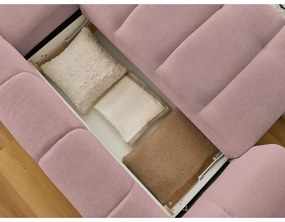 Divano angolare rosa allungabile e con contenitore (penisola a destra/chaise lounge) con rivestimento in ciniglia Fuji – Bobochic Paris