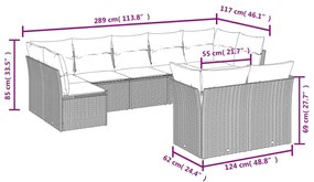 Set divano da giardino 9pz con cuscini grigio chiaro polyrattan